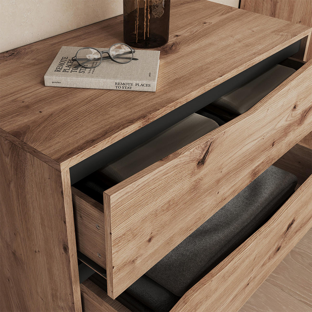 KOMMODE Elvano, Eiche/Schwarz, 79.2 x 85 cm mit 3 Schubladen - Eichefarben/Schwarz, Holzwerkstoff (79.2/85/39.2cm) - Vicco