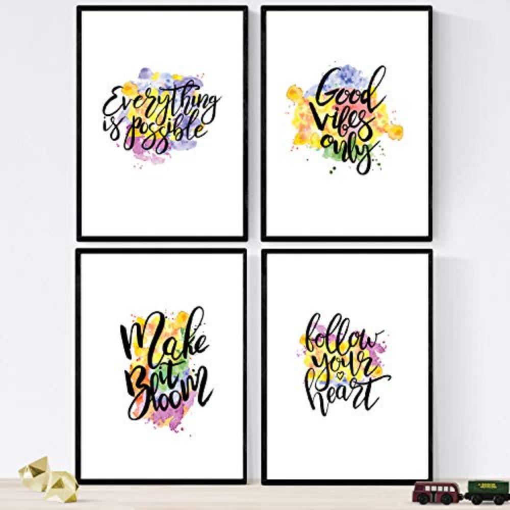 POSTER Set mit 4 glücklich und bunt ‚möglich‘ A4 Rahmenlos - Klar, Papier (29.7/3cm) - Nacnic