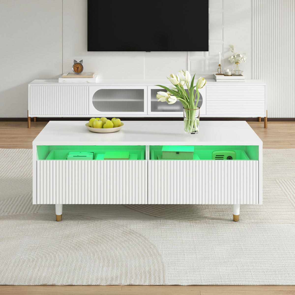 COUCHTISCH in Weiß mit 2 Schubladen und LED-Beleuchtung für Wohnzimmer, B110/T50/H40 cm - Weiß, Holz/Holzwerkstoff (55/110/40cm) - STILVORA