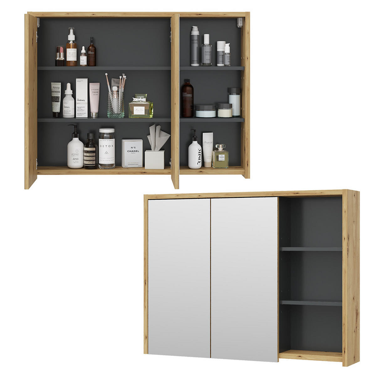 BADSPIEGELSCHRANK Viola Eiche/Anthrazit 100 x 75 cm - Eichefarben/Anthrazit, Holzwerkstoff (100/75/18cm) - Vicco