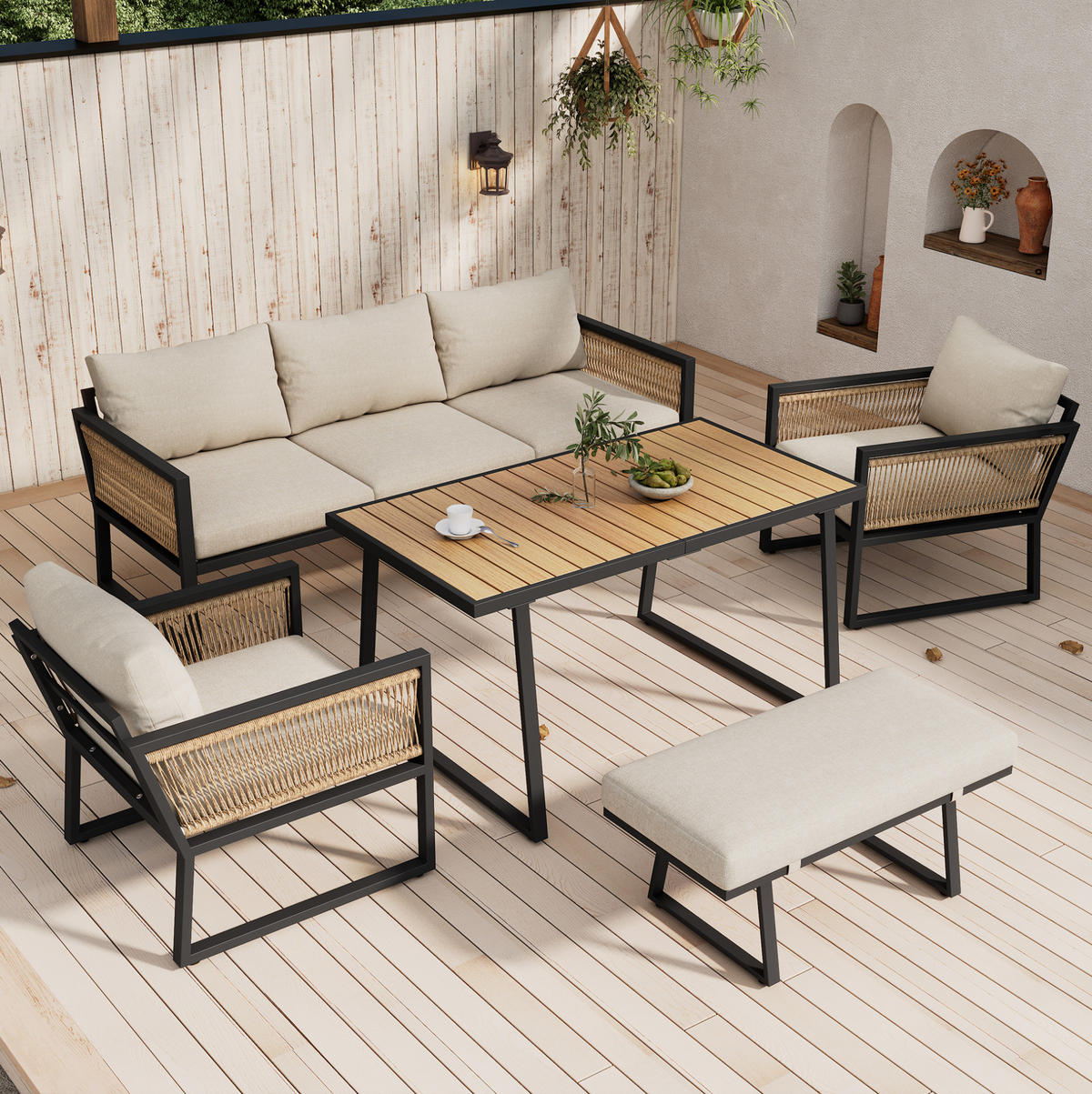 GARTENMÖBEL-SET 187/67/63 cm beige aus verzinktem Stahl und Polyester mit Kunststoffholz-Tischplatte - Beige, Textil - OKWISH