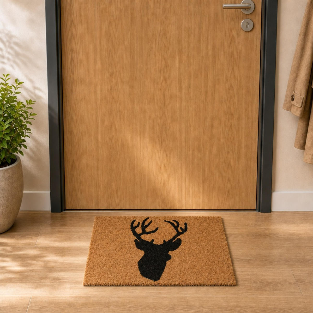 FUSSMATTE Natur Schwarz Kokos Hirsch 60x40 cm - Hellbraun, Kunststoff/Textil (60/40cm) - Relaxdays