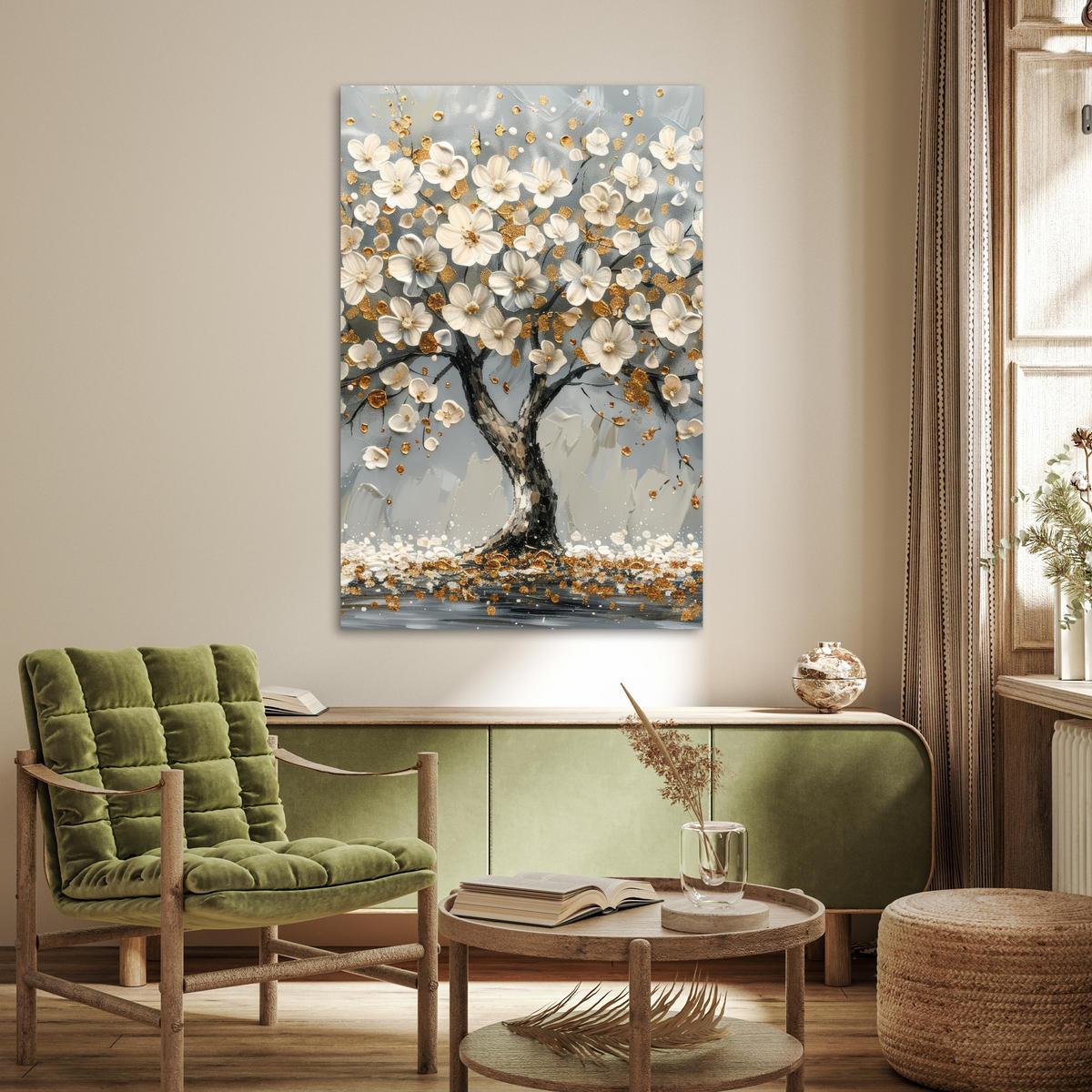 POSTER Baum - Blumen - Weiß - Natur - Kunst 80x120 cm - Weiß, Papier (80/120/0.1cm) - MuchoWow