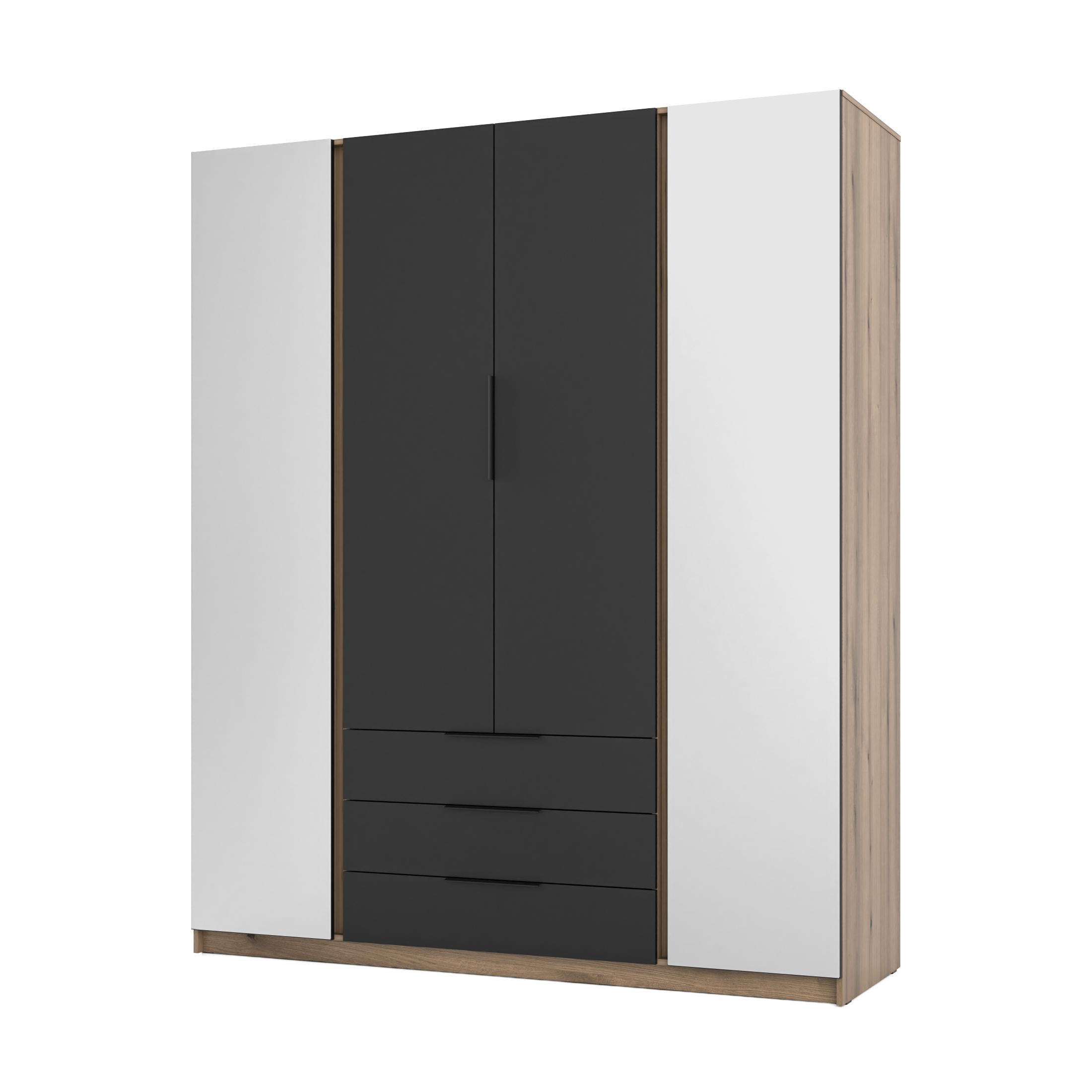 KLEIDERSCHRANK Nehir Eiche Evoke/Schwarz 200 cm - 4T3S Modern mit Schubladen und 2 Spiegeln außen - Eichefarben/Schwarz, Holzwerkstoff/Kunststoff (200/239/61.9cm) - AX Living