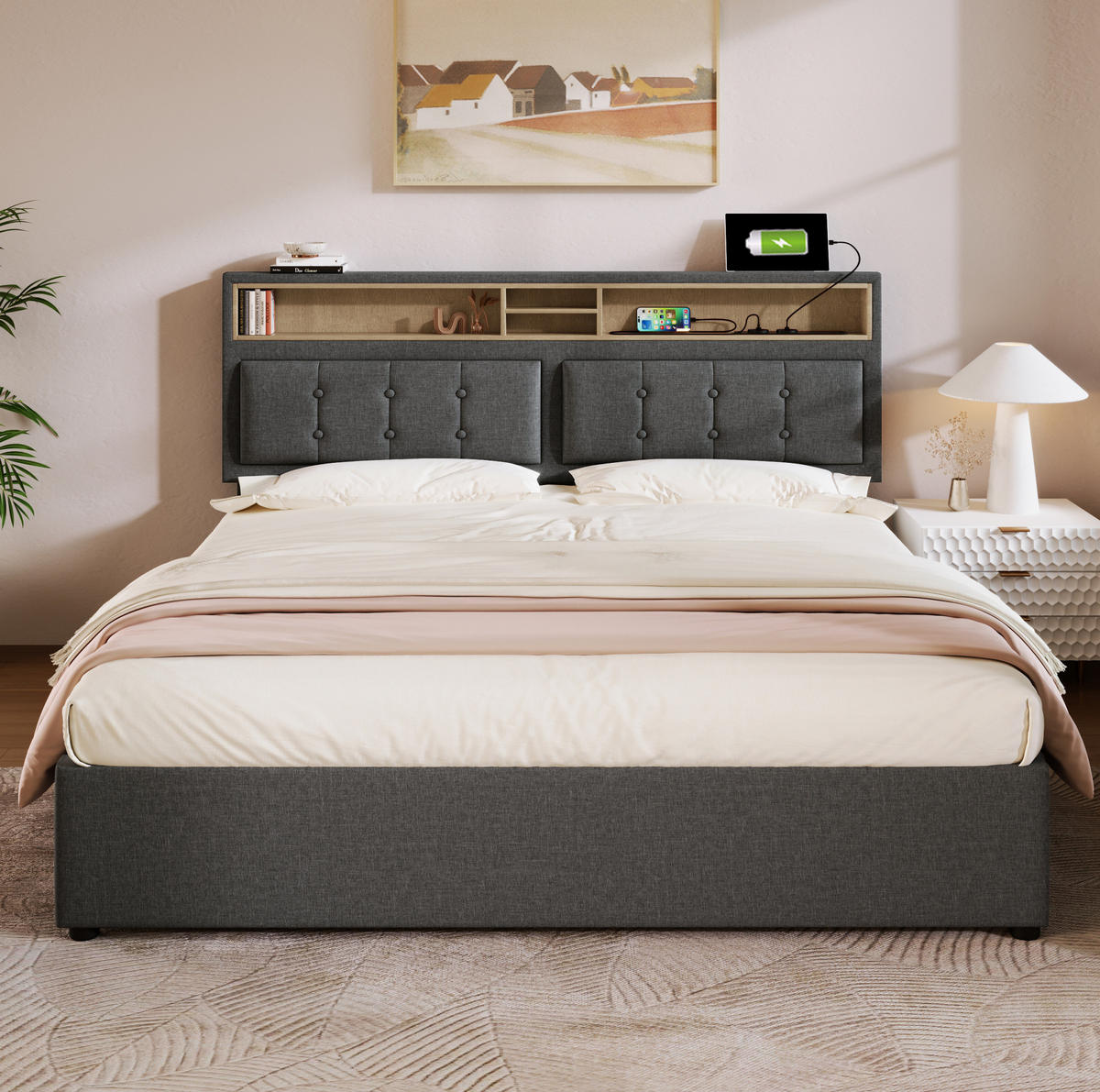 POLSTERBETT aus Leinen 160x200 cm Grau mit Matratze, Stauraum, USB-C und Steckdosen - Grau, Textil (160/200cm) - IVMEU