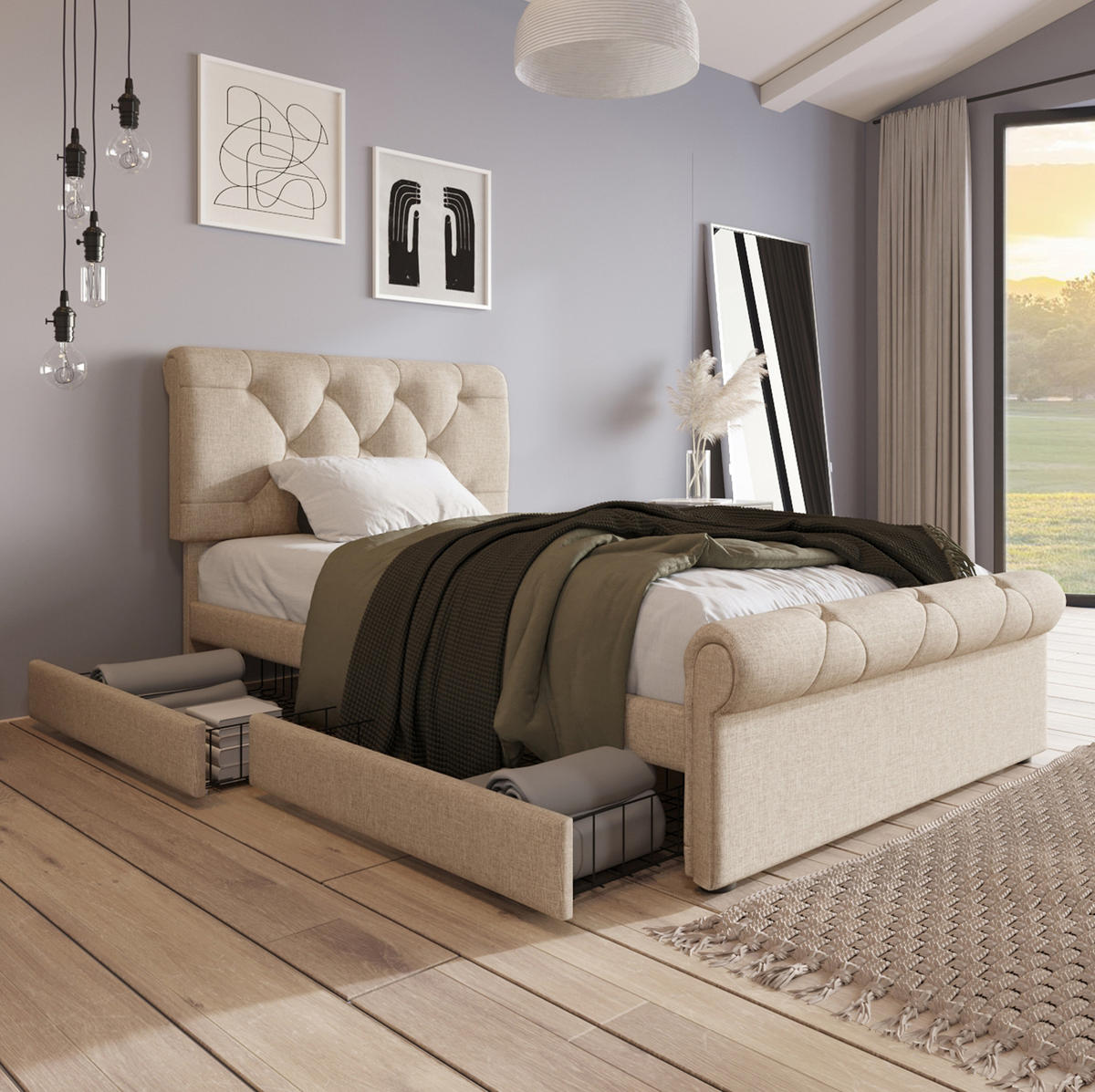 POLSTERBETT mit 2 Schubladen 90x200 cm Leinen Natur inkl. Matratze - Beige, Holz (90/200cm) - Meubliv