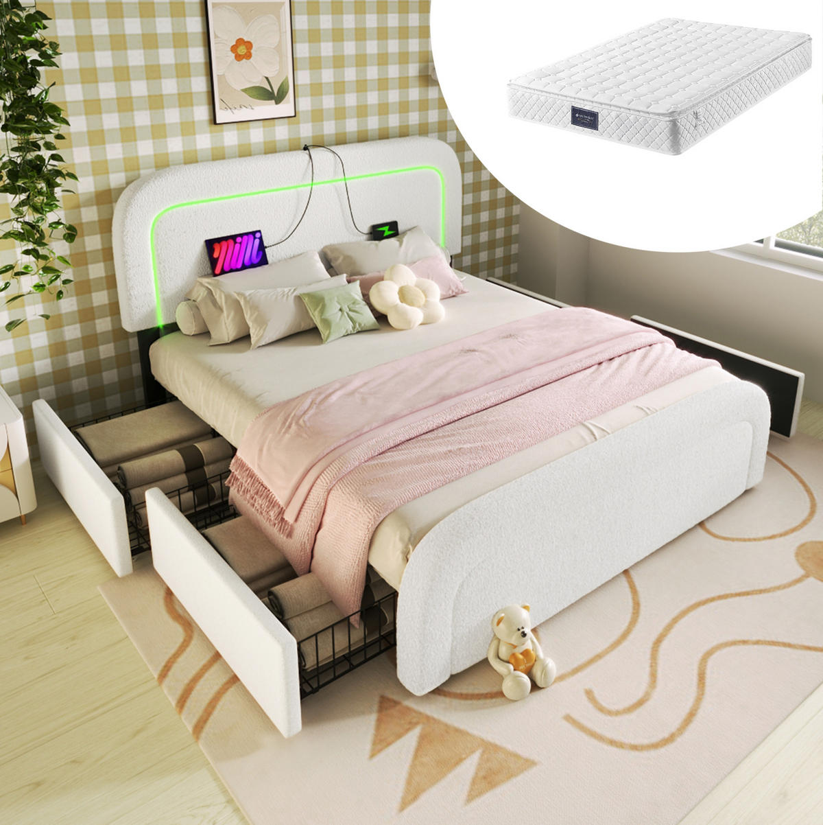 POLSTERBETT mit Matratze 140/200 cm aus Sherpa mit USB-C, LED und 4 Schubladen Weiß - Weiß, Fell (140/200cm) - Modenvie