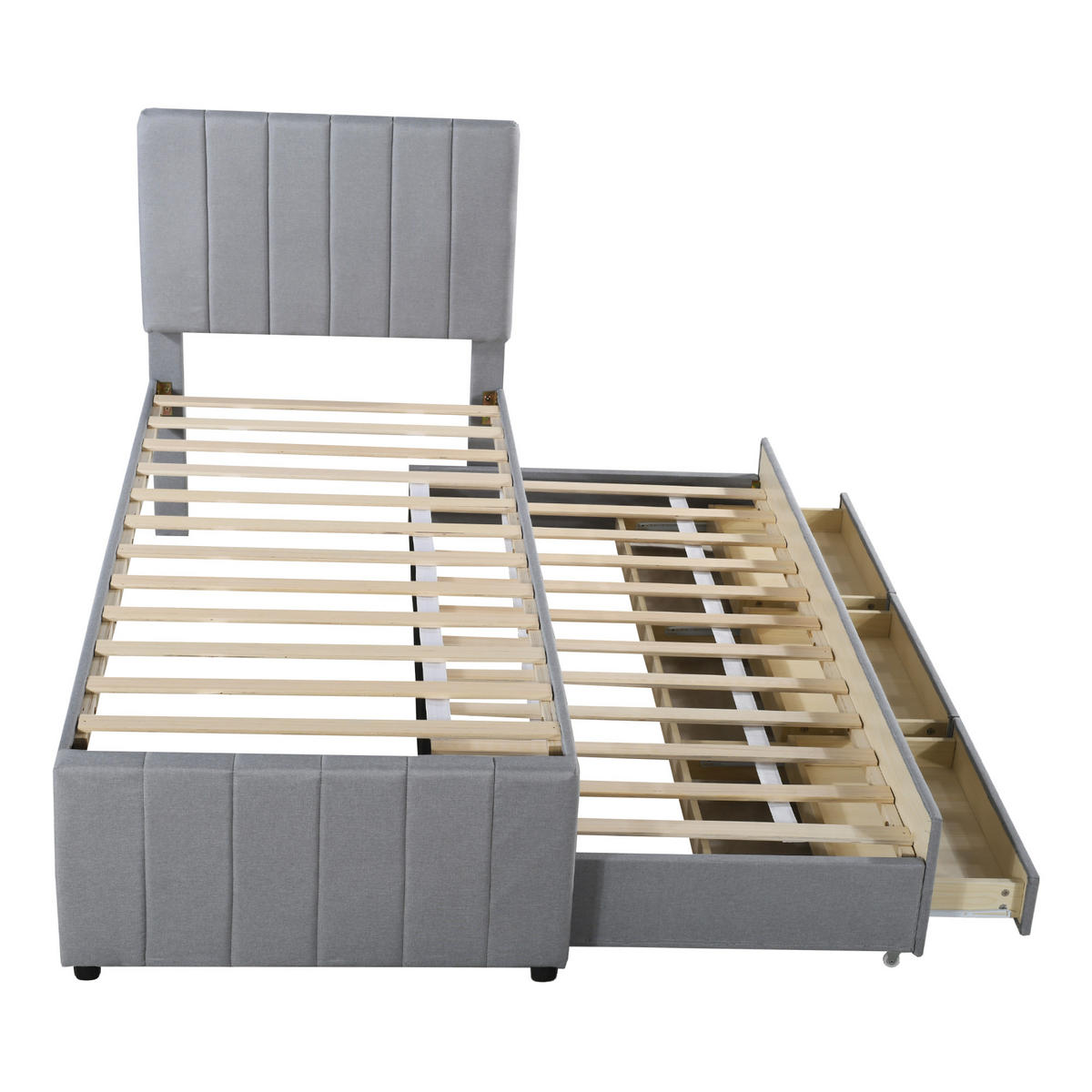 POLSTERBETT 90/200 cm grau mit Rollbett und Stauraumschubladen - Grau, Textil (90/200cm) - OKWISH