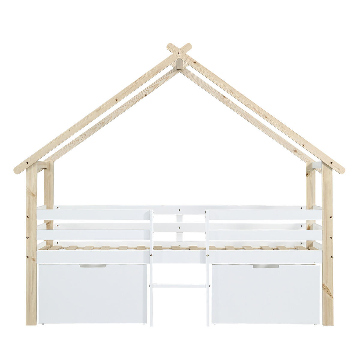 KINDERBETT 90/200 cm mit Hausdach, Treppe, 2 Schließfächern und Rundum-Absturzsicherung, Weiß/Natur - Weiß, Holzwerkstoff (90/200cm) - Redom
