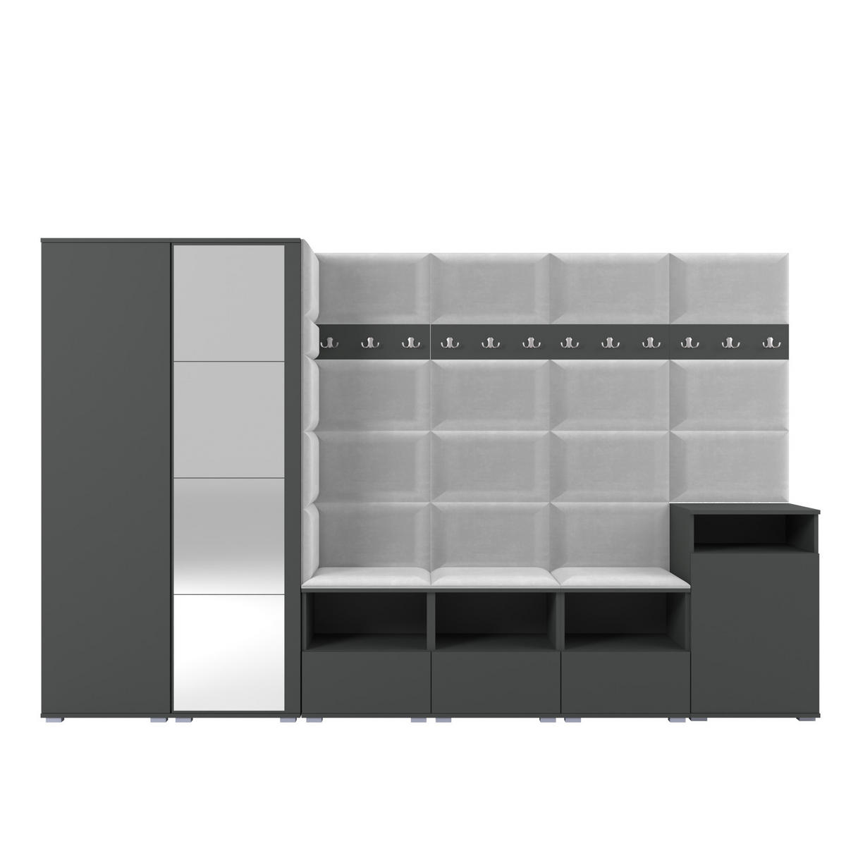 GARDEROBE NELA XII 300 cm (Modulare Flurmöbel Graphit mit Spiegel & Sitzpolster Hellgrau 32 Gigantisches Set) - Silberfarben/Hellgrau, Holz/Holzwerkstoff (300/187/40cm) - Ravio