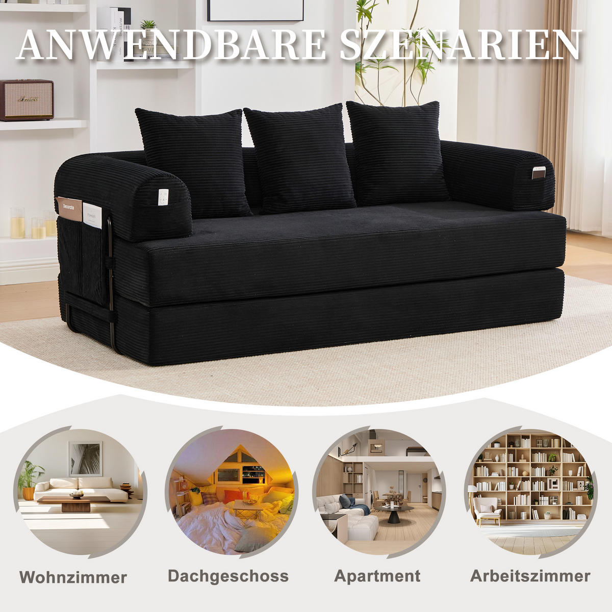 SCHLAFSOFA 200/94/67 cm Schwarz mit Seitentaschen plus und 3 Kissen - Schwarz, Textil (200/67/94cm) - Oxeza