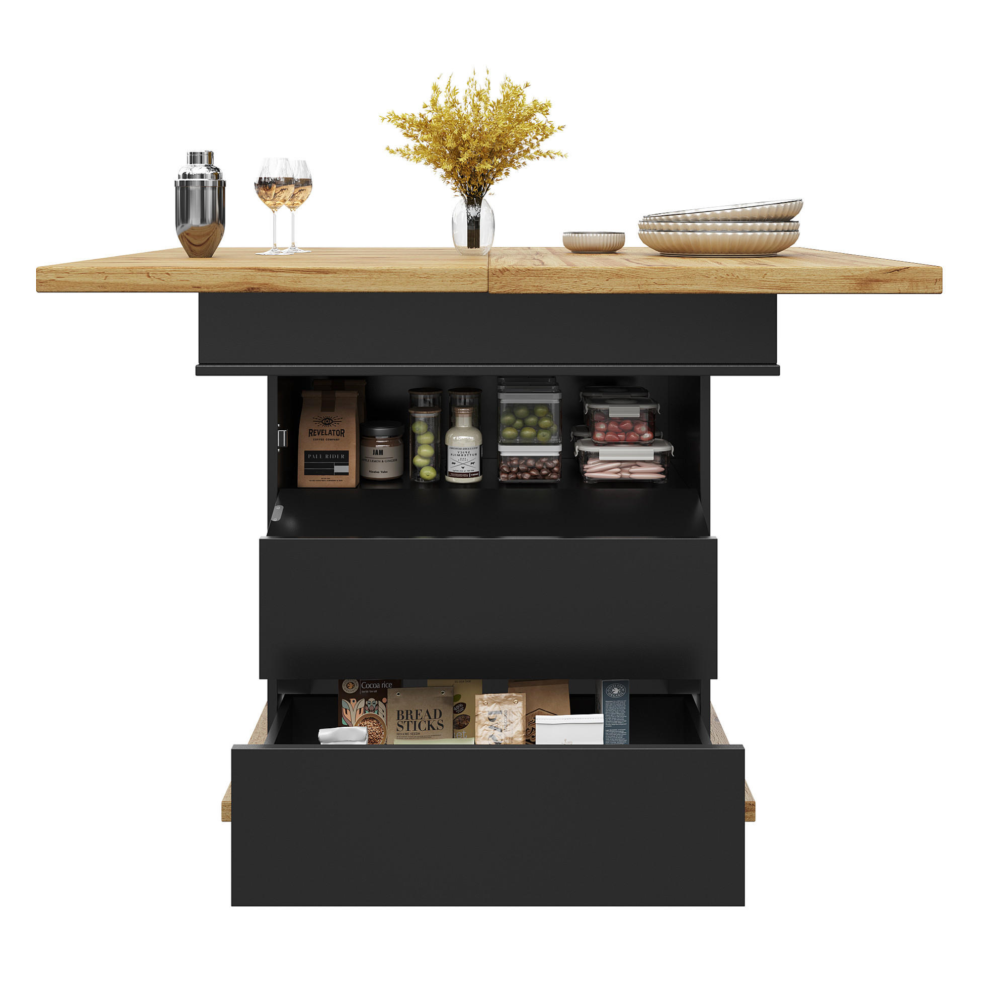 AUSZIEHTISCH 110-140/80/75 cm in Schwarz/Natur mit Stauraum - Schwarz, Holzwerkstoff (110/80/75cm) - BEAOK