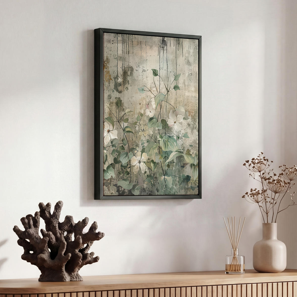 LEINWAND Bilder mit Rahmen - Blumen - Blätter - Abstrakt - Modern - 30x40 - Grau, Textil (30/40cm) - MuchoWow