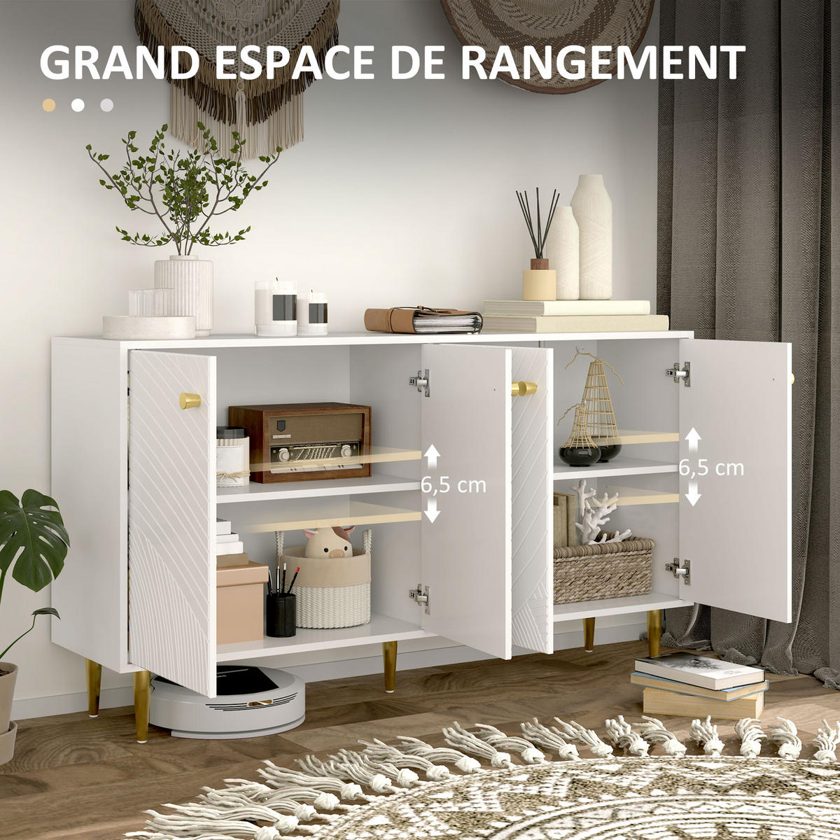 SIDEBOARD DE-11145 Mit verstellbaren Böden & Goldakzenten Weiß - Weiß, Holzwerkstoff (140/77.5/35cm) - ComfortXL