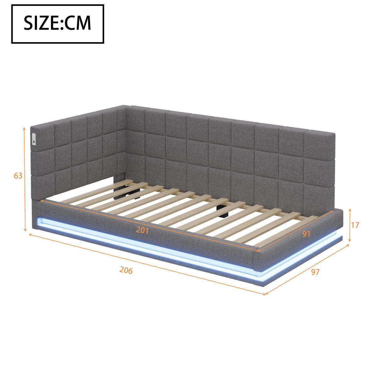 POLSTERBETT 90/200 cm grau aus Leinen mit LED-Lichtleiste und USB-Steckdose - Grau, Textil (90/200cm) - OKMYHOME
