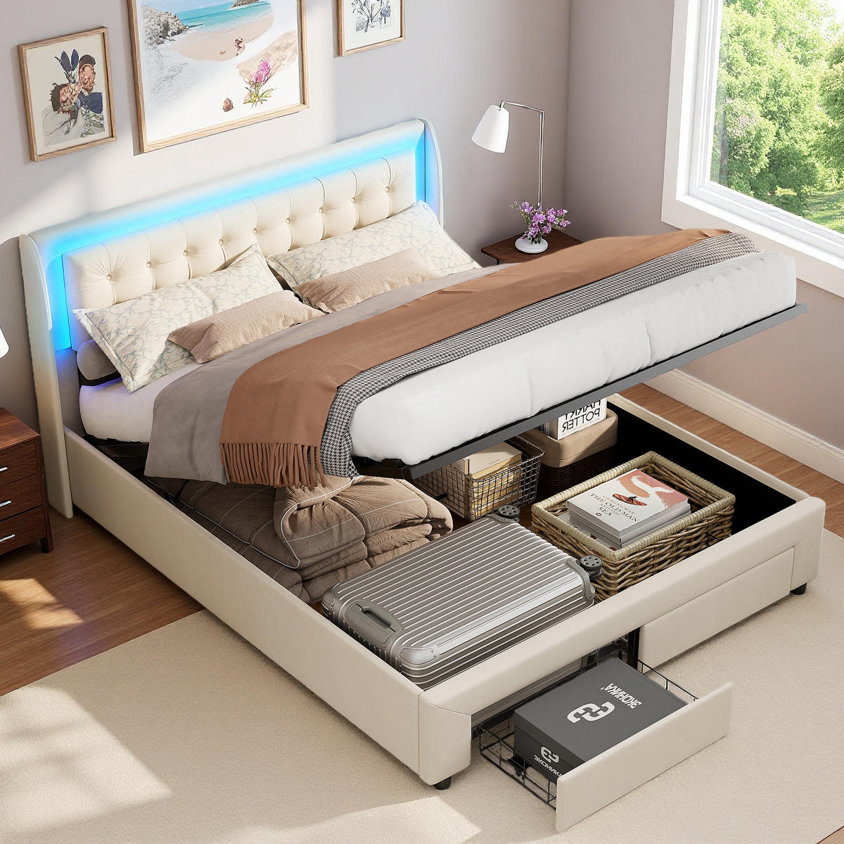POLSTERBETT 140 x 190 cm, Doppelbett mit LED-Kopfteil, hydraulisches Bett mit 2 Schubladen, beige, Samt. - Beige, Holz (140/200cm) - WoodenAura