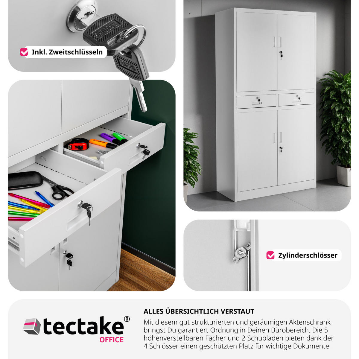 AKTENSCHRANK ,180 x 80 x 40 cm,hellgrau - Hellgrau, Metall (40/180/80cm) - tectake