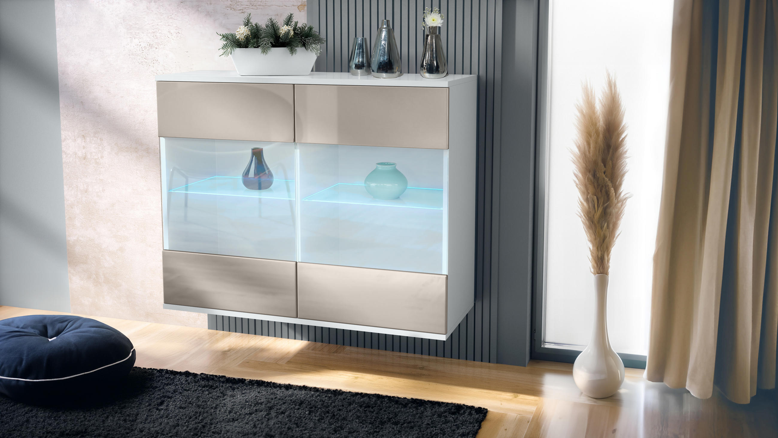 KOMMODE Bari Sandgrau Hochglanz - Sandfarben, Holzwerkstoff (92.5/73.5/35cm) - Vladon