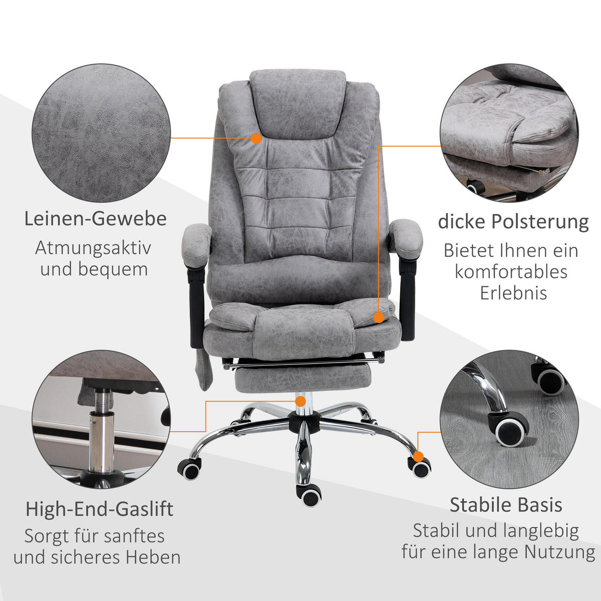 CHEFSESSEL mit Massagefunktion, Schreibtischstuhl mit Liege- & Wärmefunktion Grau - Anthrazit/Silberfarben, Kunststoff/Textil (70/119/65cm) - Vinsetto