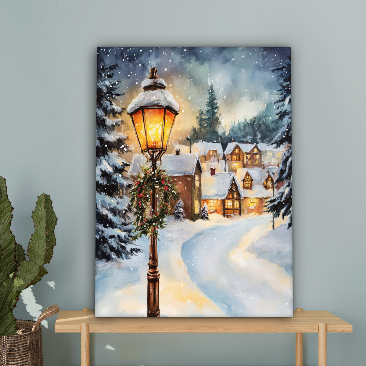 LEINWANDBILD Weihnachtsdorf - Häuser - Schnee - Weihnachten 60x80 cm - Sandfarben, Textil (60/80cm) - MuchoWow