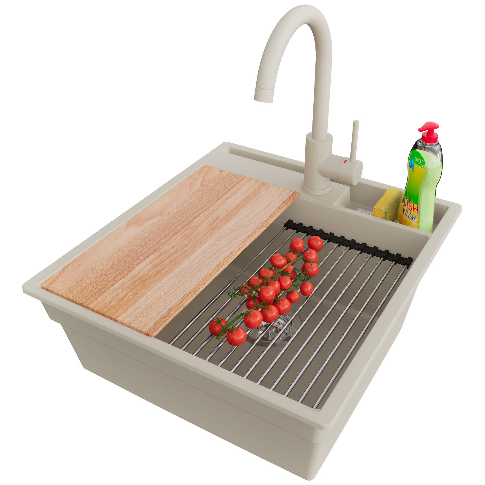 GRANITSPÜLE Oslo Pocket, 2-er set Beige 48/53 cm 1 Becken + Küchenarmatur 32/20 cm + Ablauf-Set + Küchenzubehörset ab 50er Unterschrank - Chromfarben/Beige, Kunststoff (48/20/53cm) - Primagran