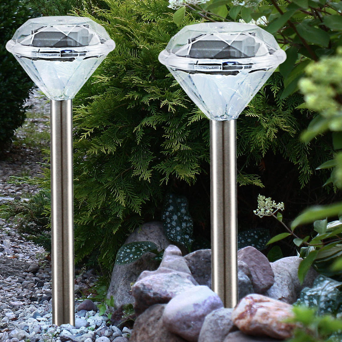 LED AUSSENLEUCHTE Solar Steckleuchte Silber Diamant Design 2er Set - Silberfarben, Metall (8/8/34cm)