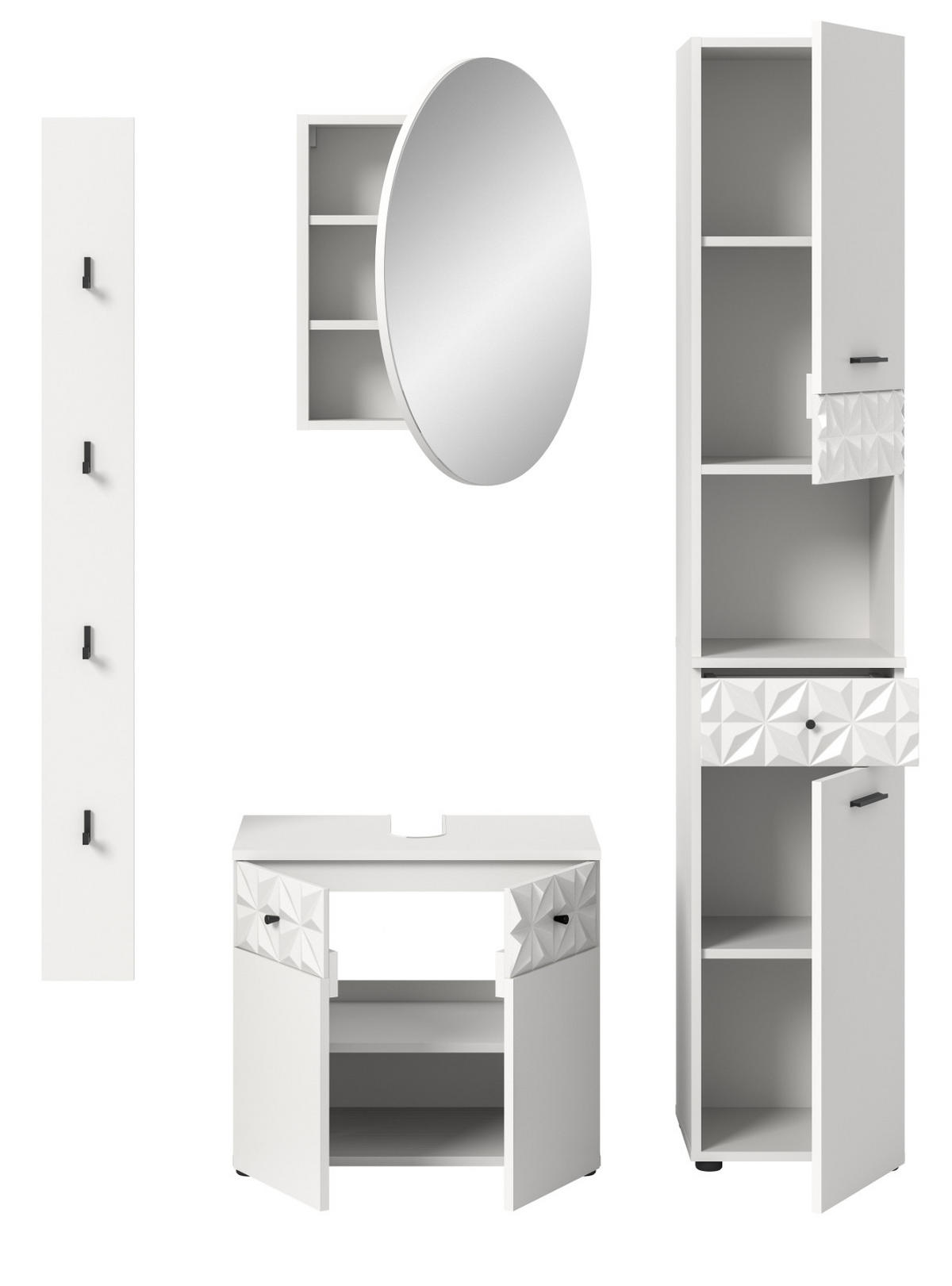 BADMÖBEL-SET weiß Hochglanz 4-teilig 150 cm, Komplettset mit 3D-Struktur - Weiß Hochglanz, Glas/Holzwerkstoff (151/187/37cm) - Inn.Furn