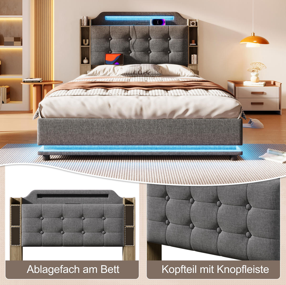 ČALÚNENÁ posteľ z ľanu 140x200 cm sivá s LED osvetlením, hydraulickým úložným priestorom a USB+USB-C - sivá, textil (140/200cm) - Modfu