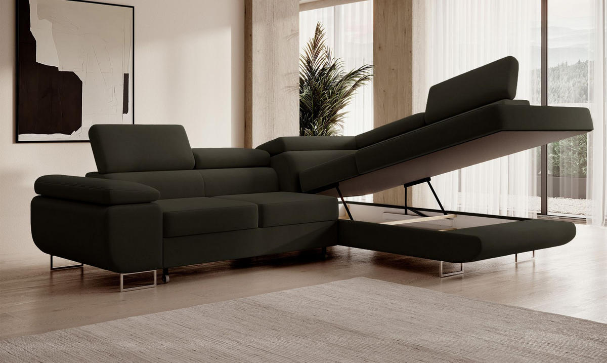 ECKSOFA Stevil Olivgrün Velours - Silberfarben/Olivgrün, Textil/Metall (275/203cm) - Selsey