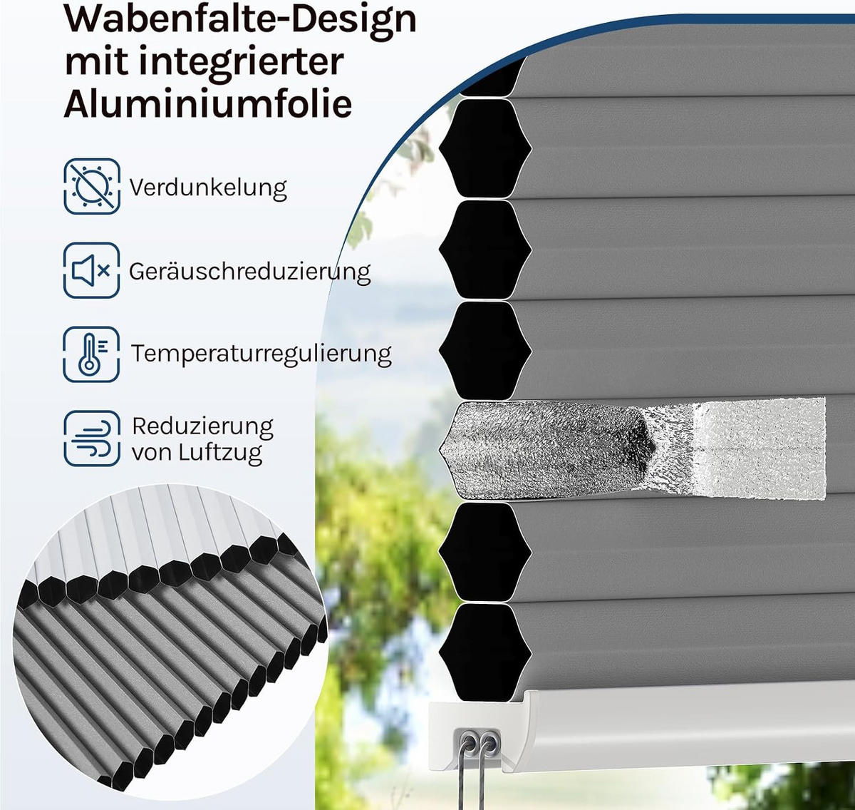 WABENPLISSEE ohne Bohren Verdunkelung 50 x 130 Dunkelgrau-Weiß - Dunkelgrau, Kunststoff (50/130/2cm) - Woltu