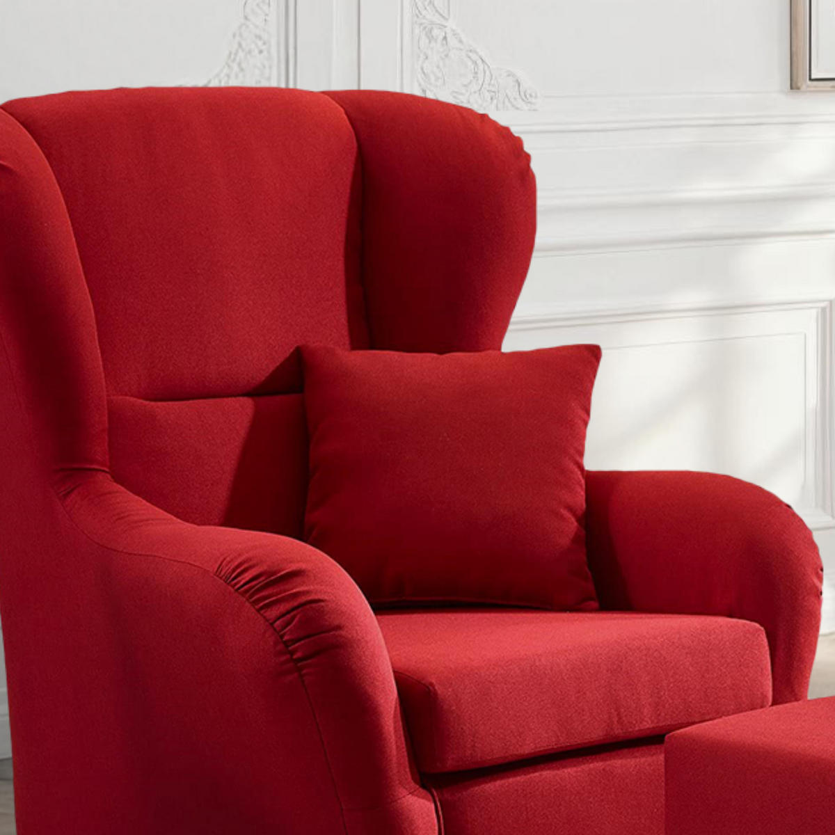 OHRENSESSEL mit HOCKER, hoher Sitzkomfort durch Wellenunterfederung B90/H98/T76 cm, Strukturstoff Rot / 18002 - Rot/Schwarz, Holz/Textil (90/98/76cm) - luma-home