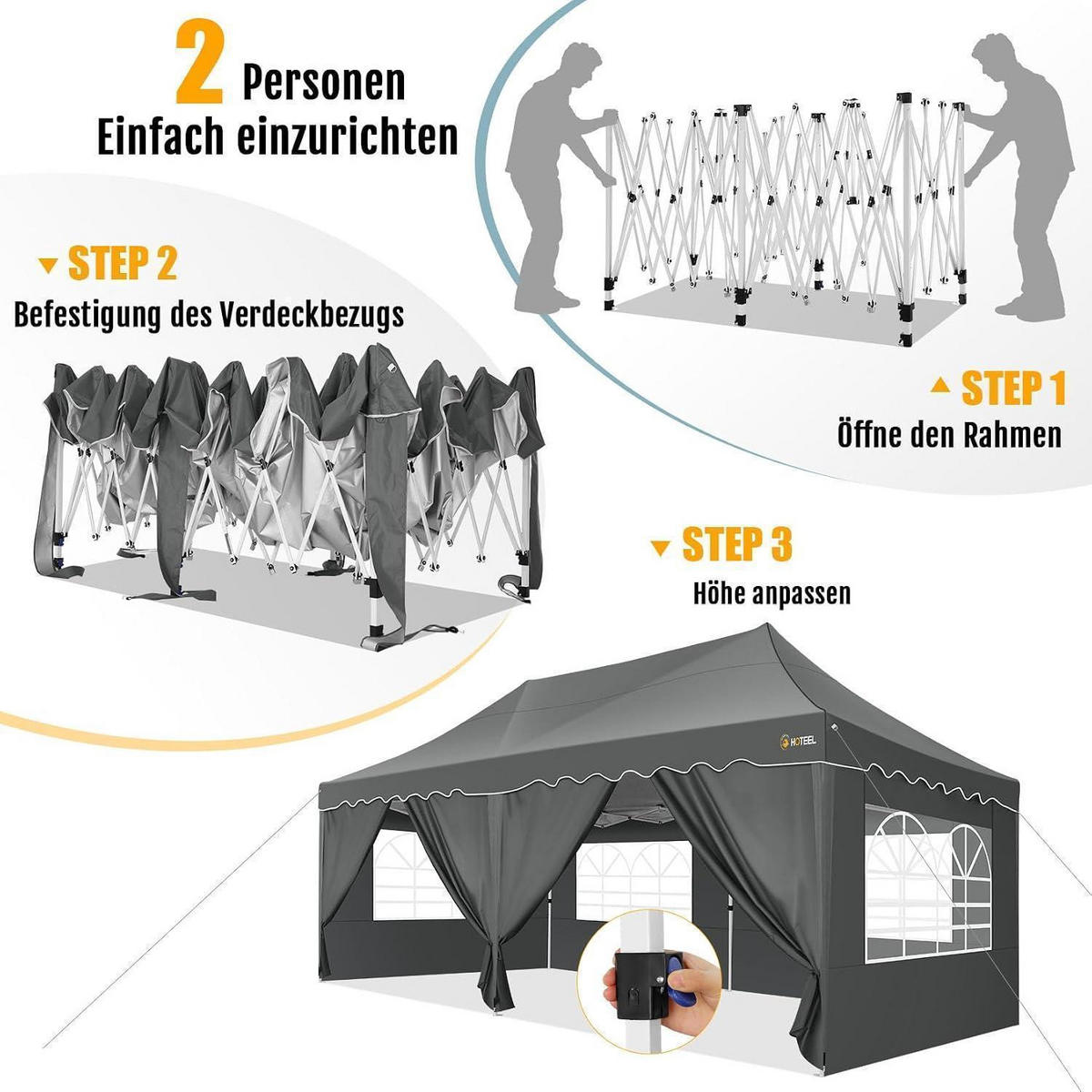 FALTPAVILLON 3x6m Grau Wasserdicht UV Schutz 50+ mit 6 Seitenwänden - Grau, Textil (300/320/600cm)