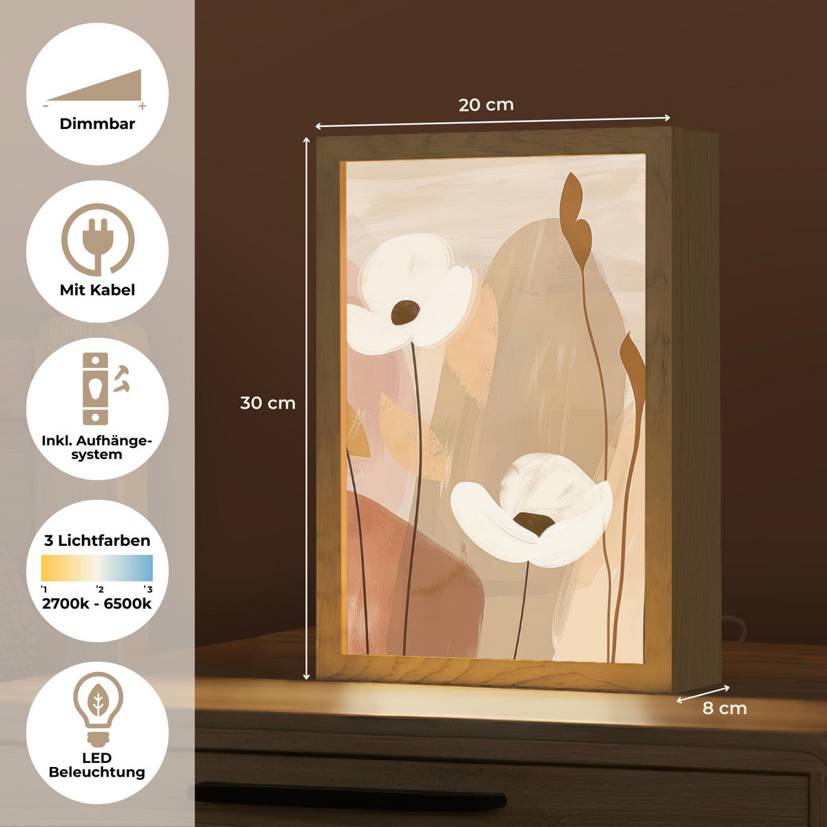 WANDLEUCHTE Blumen - Abstrakt - Beige - Strichzeichnung 20x30 cm - Sandfarben, Holzwerkstoff (20/30/8cm) - OnlyWow