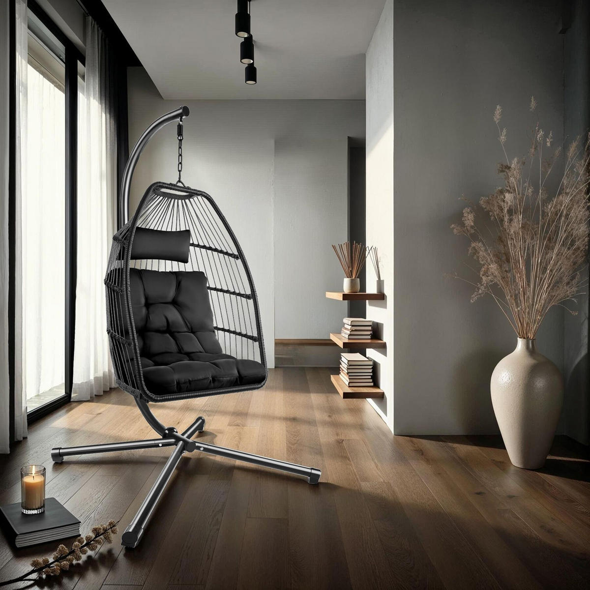 HÄNGESESSEL Ariane,inklusive Schutzhülle, 98 x 107 x 202 cm,schwarz - Schwarz, Kunststoff/Textil (98/202/107cm) - tectake