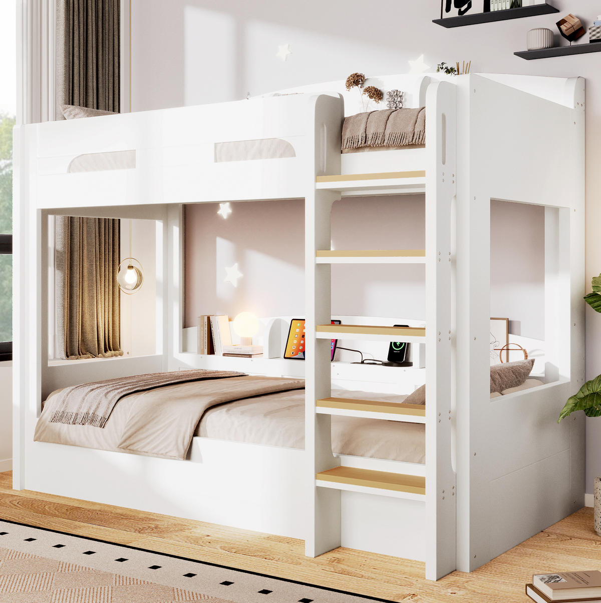 ETAGENBETT 90/200 cm in Weiß mit USB-Steckdose und Ablagefächern - Weiß, Holz (90/200cm) - Flora Grace