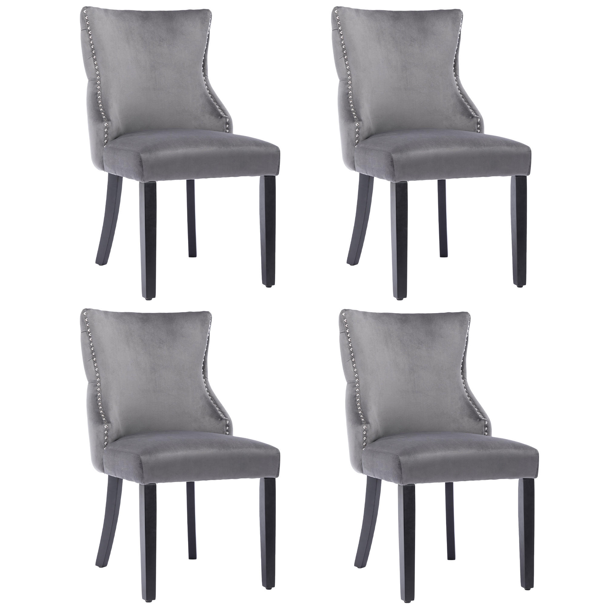 SAMTSTUHL 4er-Set mit Massivholzbeinen, Knopfheftung und Griffring, komfortabler Esszimmerstuhl bis 150 kg, grau - Grau, Textil (45/91/50cm) - Luhomfu