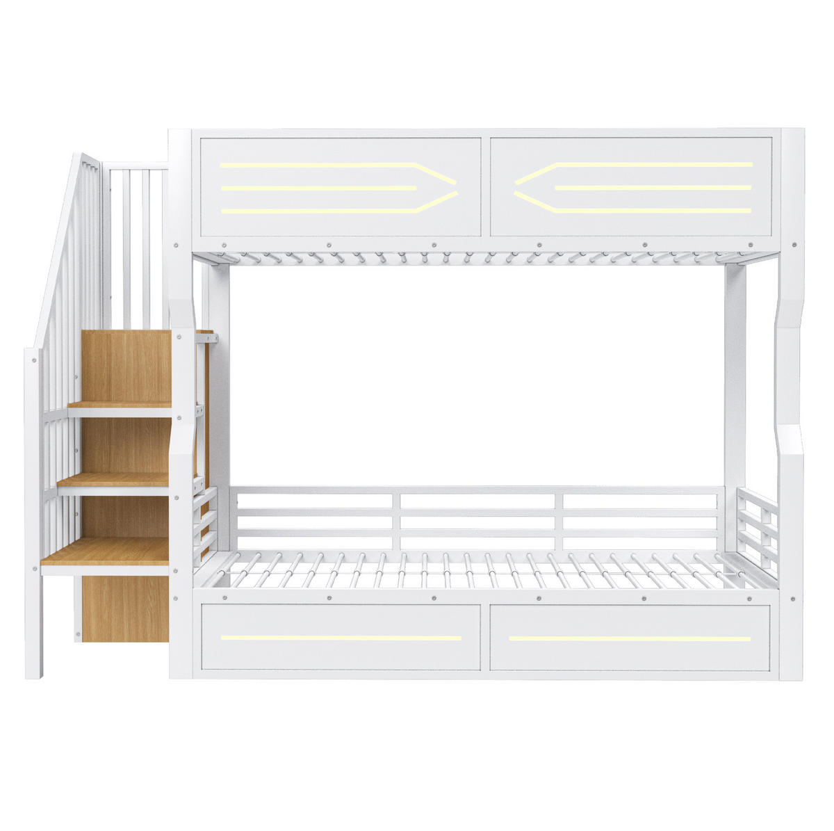 ETAGENBETT aus Metall und MDF 90x200 cm Weiß mit Stauraumtreppe, Schrank und LED-Beleuchtung - Weiß, Holzwerkstoff (90/200cm) - Modfu