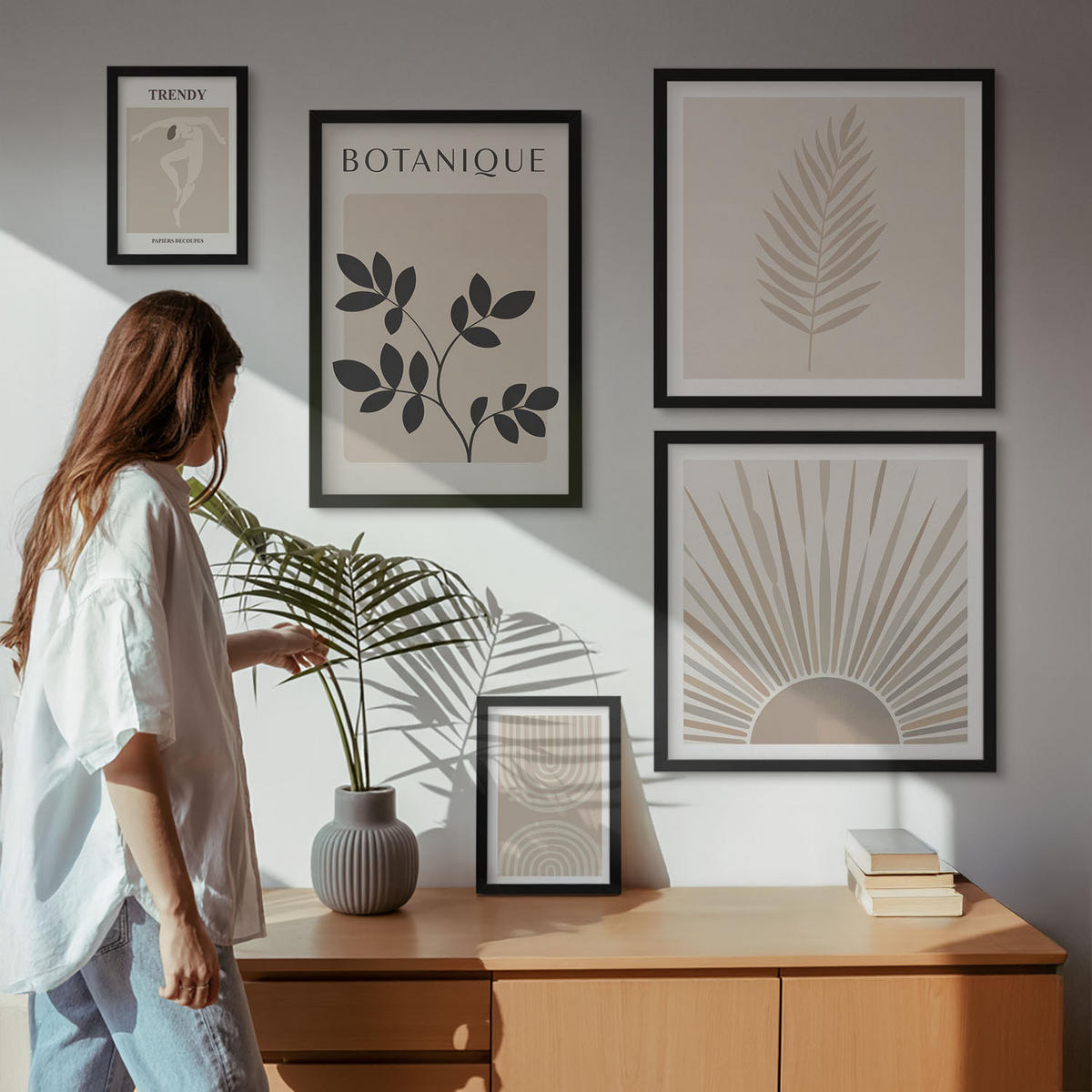 BILDER SET 5er Set - 50x50 cm & 20x30 cm & 40x60 cm Schwarzer Rahmen - Abstrakte Poster im Boho-Stil in Pastellfarben - Schwarz, Kunststoff (40/60cm) - TULUP