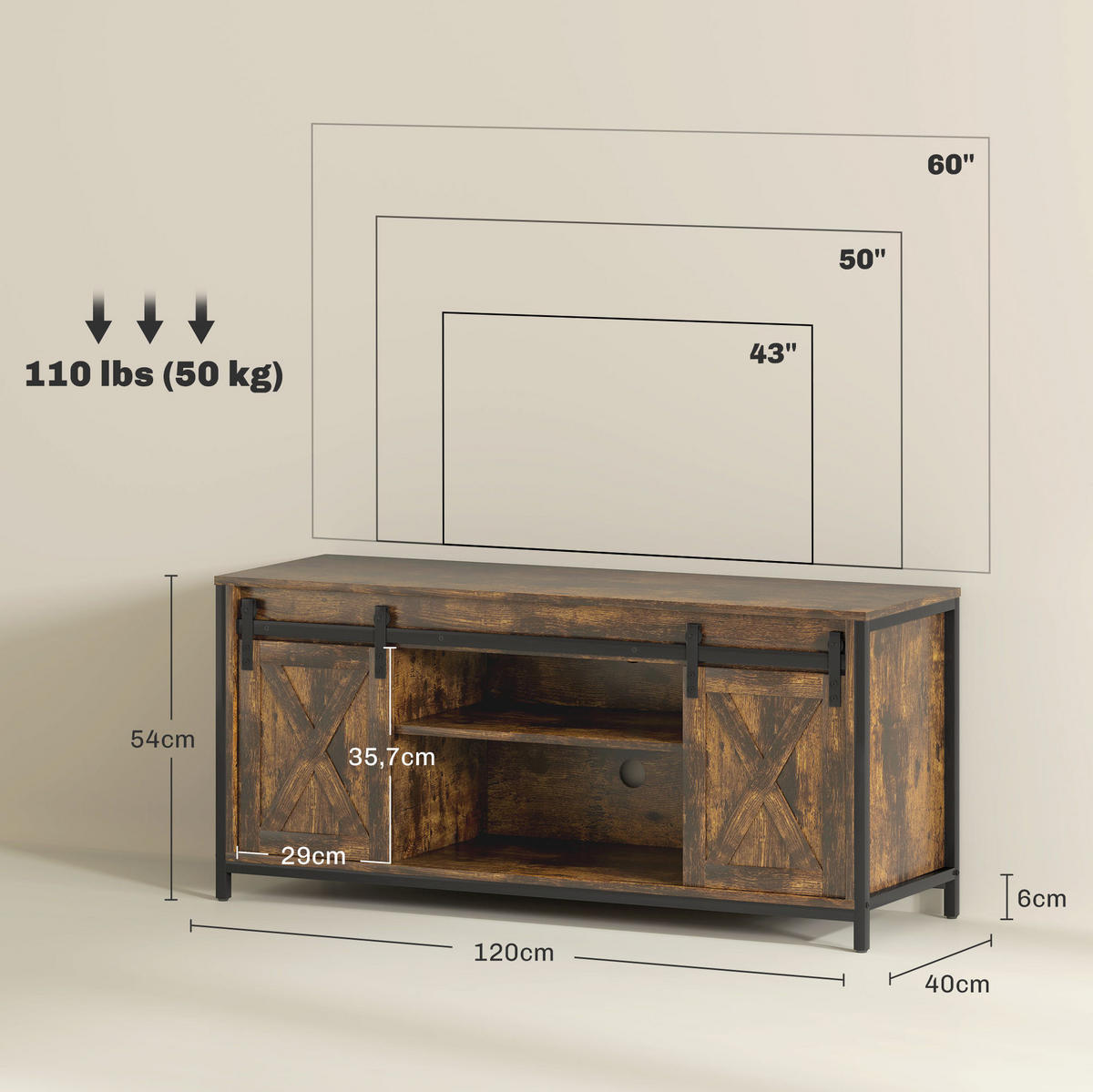 TV-ELEMENT im Industrial-Stil 120 x 40 x 54 cm Braun mit 6 Fächern - Braun, Holzwerkstoff (40/54/120cm) - Beauniv