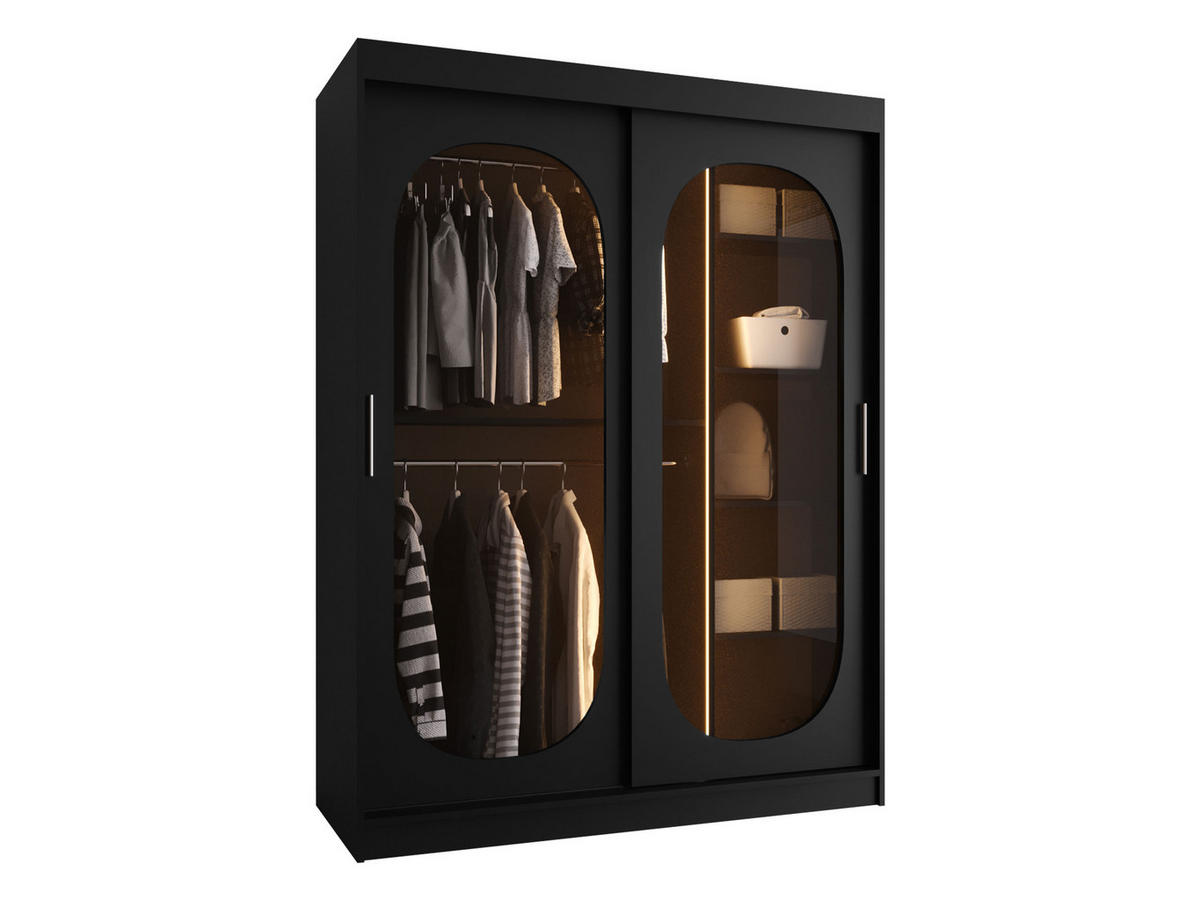 SCHWEBETÜRENSCHRANK Bahrajn 150 mit LED Beleuchtung - Silberfarben/Schwarz, Holzwerkstoff/Kunststoff (150/200/62cm) - MIRJAN24
