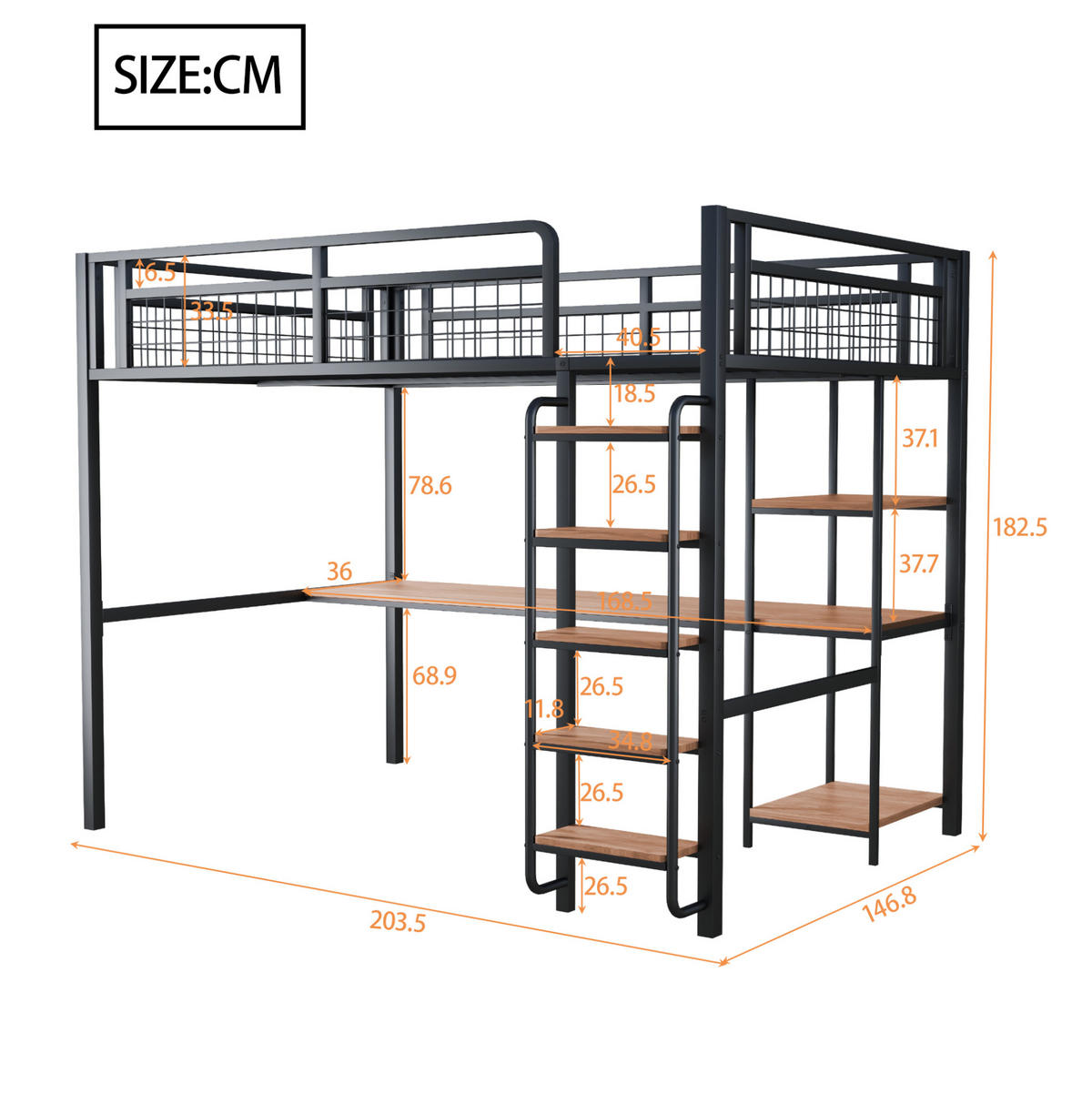 HOCHBETT 140/200 cm aus Metall und MDF mit Schreibtisch, Regal und Sicherheitsleiter Schwarz - Schwarz, Metall (140/200cm) - Modenvie