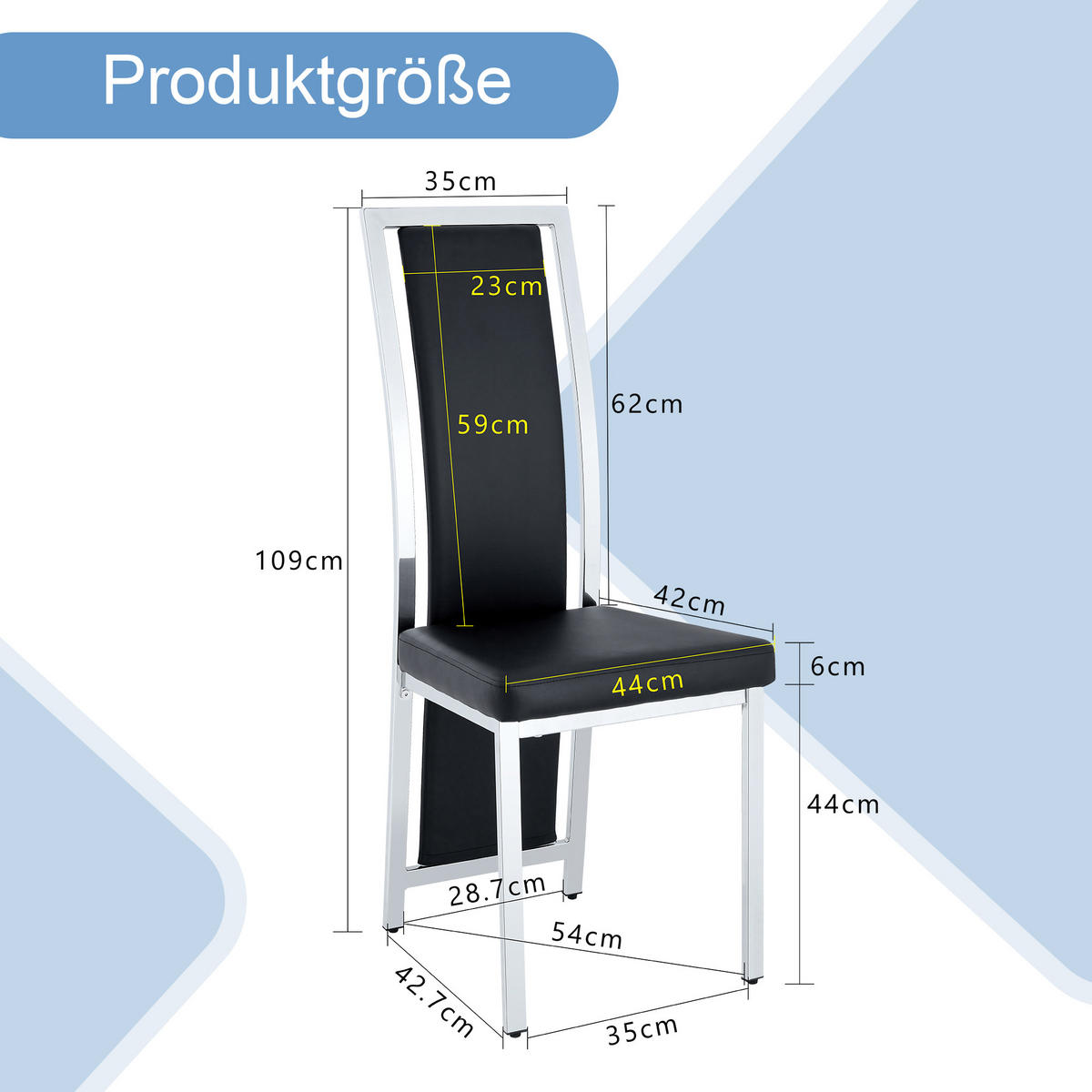 STUHL-SET DE-36611 4 Stück mit PU-Bezug und Metallrahmen Schwarz - Schwarz, Metall (42.7/109/44cm) - ComfortXL