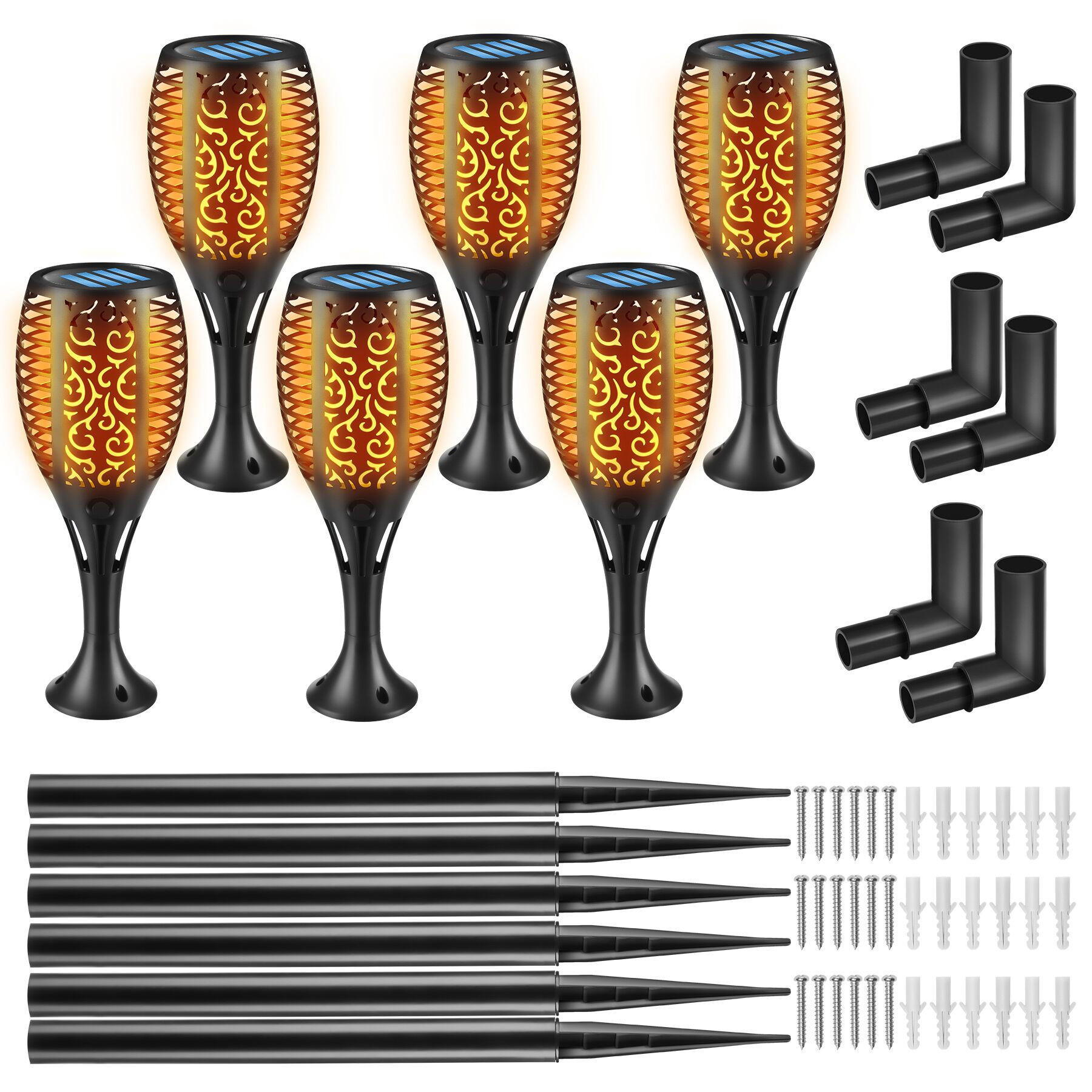 SOLARLEUCHTEN 6er Set Flare,6 - 8 Stunden Betriebszeit,schwarz - Schwarz, Kunststoff (10/10/58cm) - tectake