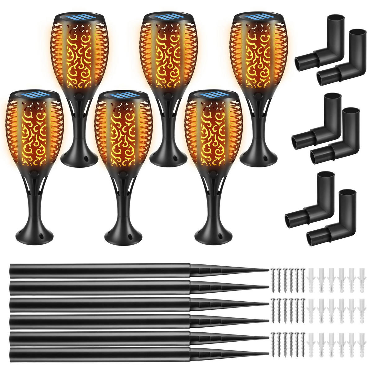SOLARLEUCHTEN 6er Set Flare,6 - 8 Stunden Betriebszeit,schwarz - Schwarz, Kunststoff (10/10/58cm) - tectake