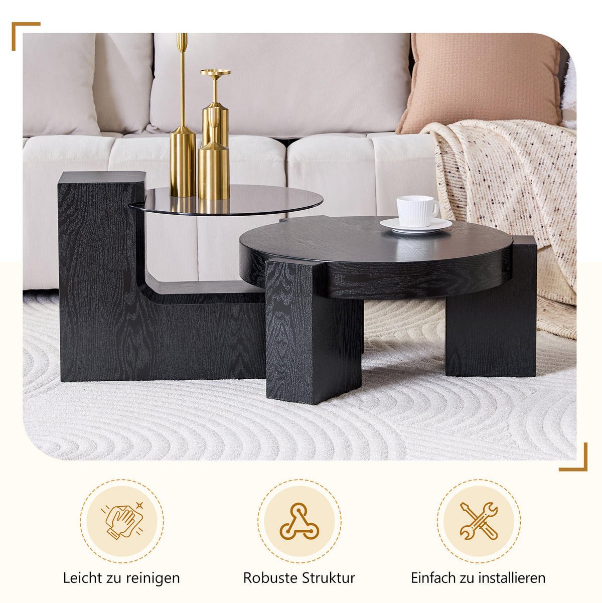 COUCHTISCH rund 61/44 cm in Schwarz aus MDF und Glas mit zweistöckigem Design - Schwarz, Holzwerkstoff (61/61/30cm) - OKMYHOME