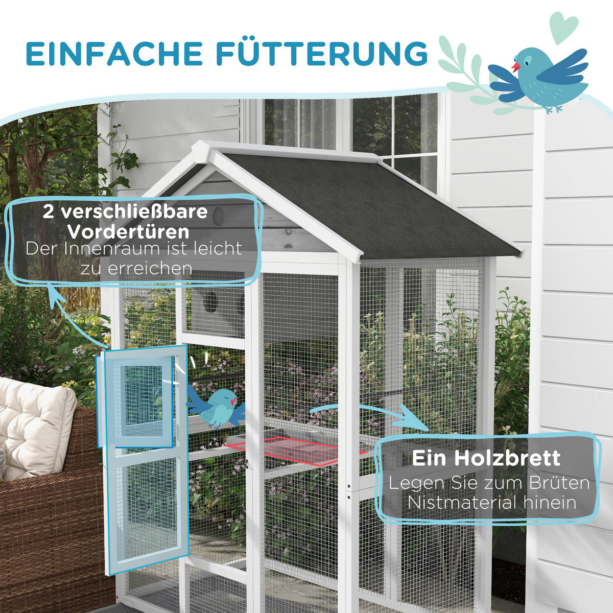 VOGELKÄFIG DE-10751 mit Asphaltdach & 4 Sitzstangen Natur - Weiß, Holzwerkstoff (68/154/112cm) - ComfortXL