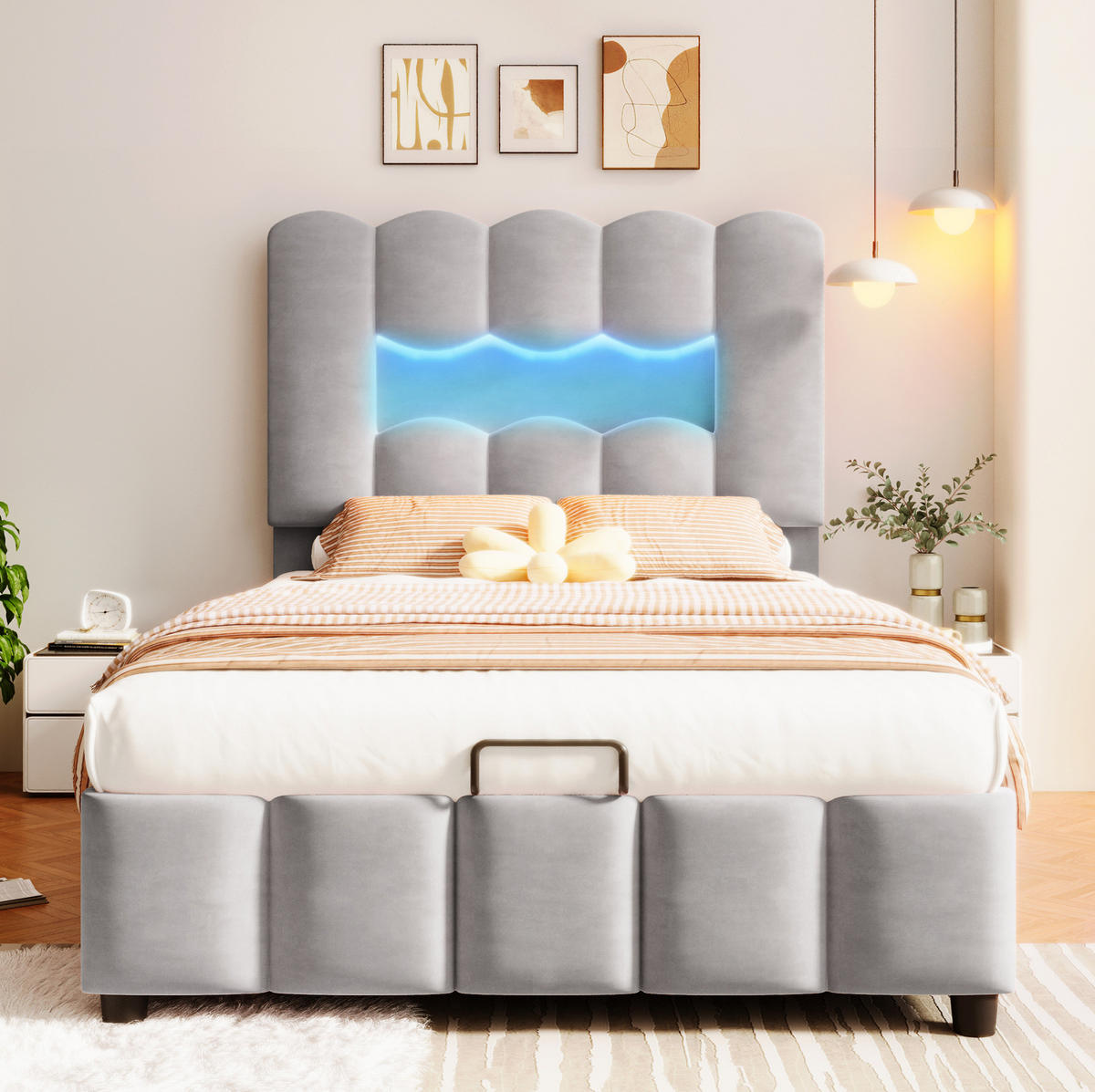 POLSTERBETT mit Stauraum und LED 90x200 cm Samt Grau - Grau, Metall (90/200cm) - Meubliv