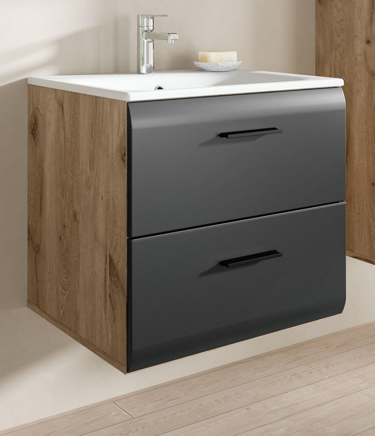 WASCHTISCH mit Waschbecken, schwarz matt, Eiche Nox, Waschtischunterschrank 60 cm mit Schubkästen - Eichefarben/Schwarz, Keramik/Holzwerkstoff (60/55/46cm) - Inn.Furn