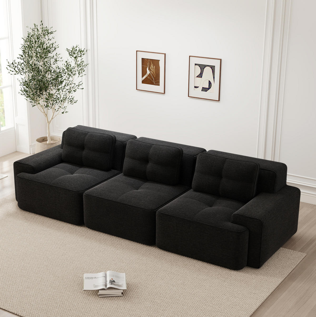 SOFA modular Tiefsitz Cord Black montagefrei - Schwarz, Kunststoff (104/69/293cm) - Meubliv