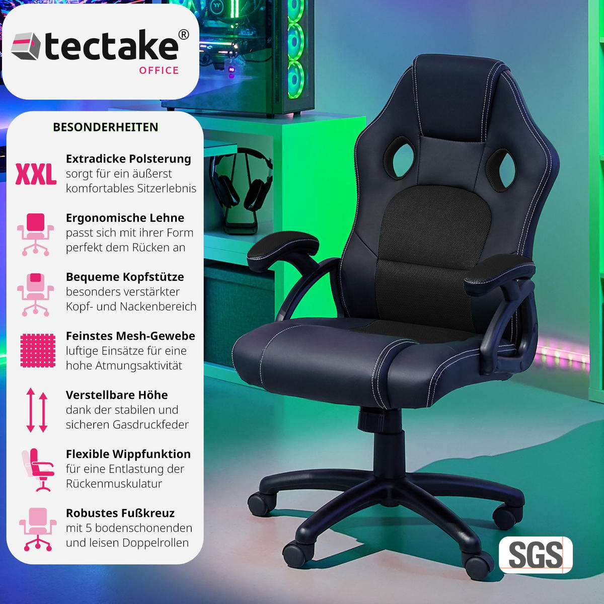 BÜROSTUHL Tyson,Belastbarkeit 120 kg,schwarz - Schwarz, Textil (65/121.5/66cm) - tectake
